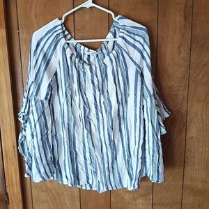 Fever Blue & White Striped Bell Sleeve Boho Top Size L